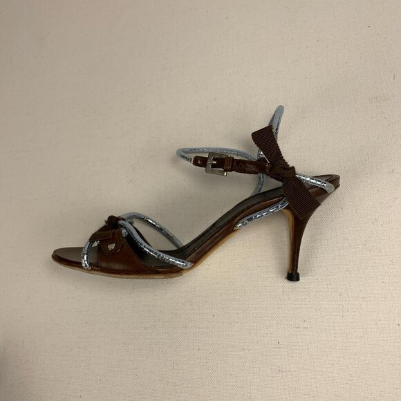 Givenchy Elegant Brown Leather Heeled Sandals with Metallic Straps & Ribbon Bows